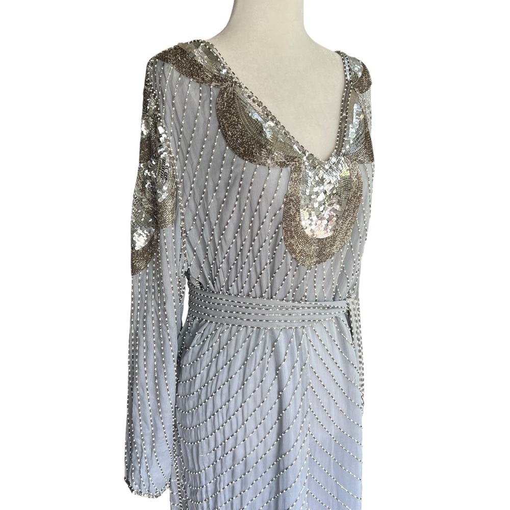 Vintage 🩶 SHO MAX - 3X Silver Silk Beaded Dress India Sequin Caftan Evening Gown - Picture 3 of 14